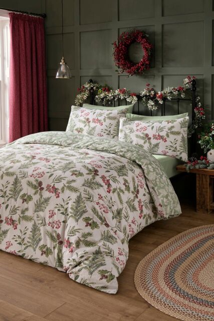 Dreams & Drapes 'Winter Sprigs' Watercolour Print 100% Brushed Cotton Duvet Cover Set in Green - Size: Single - image 1