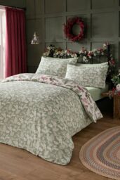 Dreams & Drapes 'Winter Sprigs' Watercolour Print 100% Brushed Cotton Duvet Cover Set in Green - Size: Single - thumbnail 4