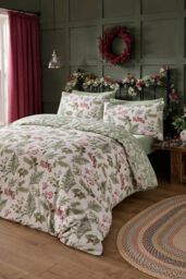 Dreams & Drapes 'Winter Sprigs' Watercolour Print 100% Brushed Cotton Duvet Cover Set in Green - Size: Single - thumbnail 1