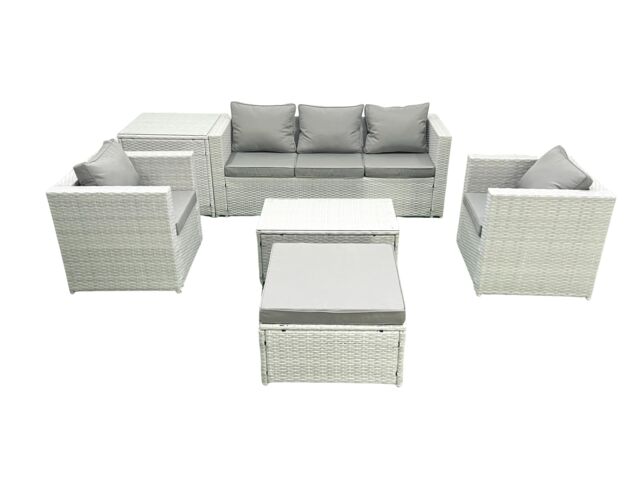 Fimous Rattan Garden Furniture Set with 3 Seater Sofa 2 Chair Rectangular Coffee Table Big Footstool Side Table Light Grey Mixed 6 Seater - image 1