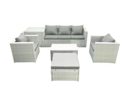 Fimous Rattan Garden Furniture Set with 3 Seater Sofa 2 Chair Rectangular Coffee Table Big Footstool Side Table Light Grey Mixed 6 Seater - thumbnail 2