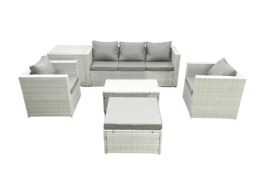 Fimous Rattan Garden Furniture Set with 3 Seater Sofa 2 Chair Rectangular Coffee Table Big Footstool Side Table Light Grey Mixed 6 Seater - thumbnail 1