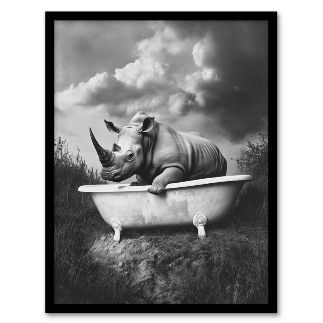 "Artery8 Rhino in Bathtub Black White Bath Time Surreal Framed Art Print in Grey - Size: W12"" x H16""" - image 1