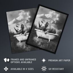 "Artery8 Rhino in Bathtub Black White Bath Time Surreal Framed Art Print in Grey - Size: W12"" x H16""" - thumbnail 2