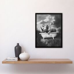"Artery8 Rhino in Bathtub Black White Bath Time Surreal Framed Art Print in Grey - Size: W12"" x H16""" - thumbnail 4