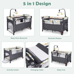 Costway 5-in-1 Baby Bassinet Bedside Sleeper Portable Pack & Play-Grey in Grey - thumbnail 4