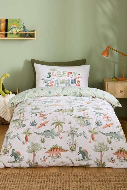Catherine Lansfield 'Brushed Sleepy Saurus Dino' Cotton Reversible Duvet Cover Set in Cream - Size: Double - image 1