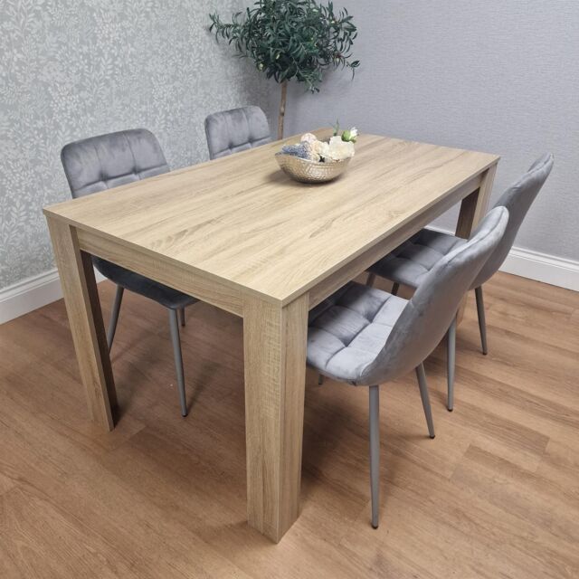 KOSY KOALA Oak Effect Dining Table Set With 4 Grey Velvet Chairs Dining Room Furniture in Brown - image 1