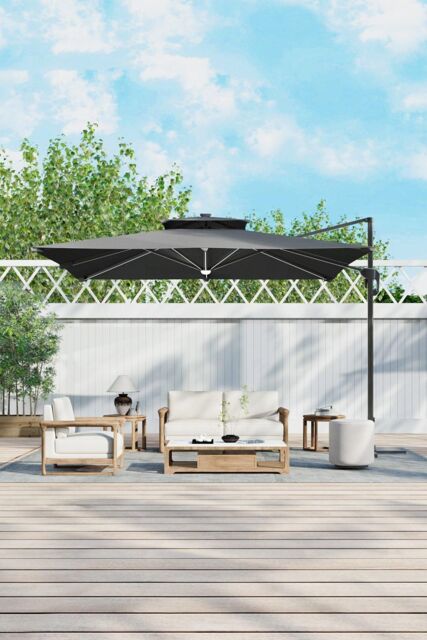 H&O Direct Outdoor 3m Square Cantilever Garden Parasol with LED Light in Dark Grey