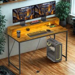 FURNOS Industrial 120CM Computer Desk With USB Outlets & LED Lights in Brown - thumbnail 6