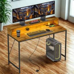 FURNOS Industrial 120CM Computer Desk With USB Outlets & LED Lights in Brown - thumbnail 2