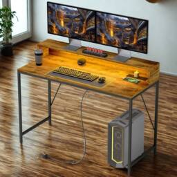 FURNOS Industrial 120CM Computer Desk With USB Outlets & LED Lights in Brown - thumbnail 1