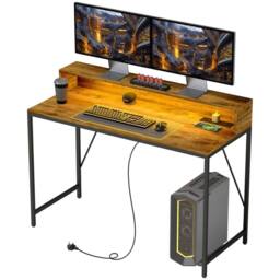 FURNOS Industrial 120CM Computer Desk With USB Outlets & LED Lights in Brown - thumbnail 7