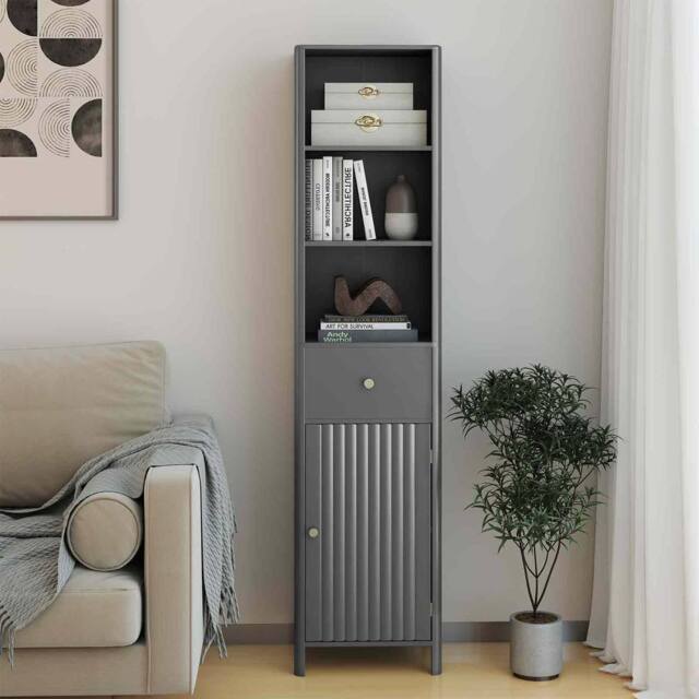 Costway 170cm Tall Wooden Bathroom Cabinet Narrow Floor Cabinet w/Fluted Door in Grey - image 1