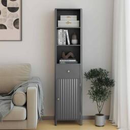 Costway 170cm Tall Wooden Bathroom Cabinet Narrow Floor Cabinet w/Fluted Door in Grey