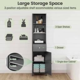 Costway 170cm Tall Wooden Bathroom Cabinet Narrow Floor Cabinet w/Fluted Door in Grey - thumbnail 9