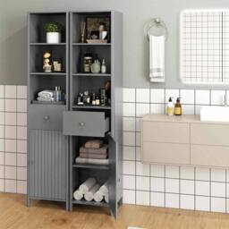 Costway 170cm Tall Wooden Bathroom Cabinet Narrow Floor Cabinet w/Fluted Door in Grey - thumbnail 4