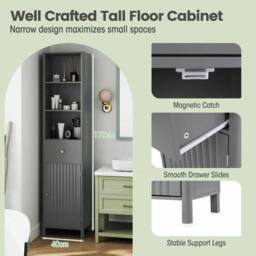 Costway 170cm Tall Wooden Bathroom Cabinet Narrow Floor Cabinet w/Fluted Door in Grey - thumbnail 8