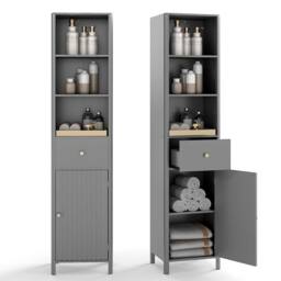 Costway 170cm Tall Wooden Bathroom Cabinet Narrow Floor Cabinet w/Fluted Door in Grey - thumbnail 2
