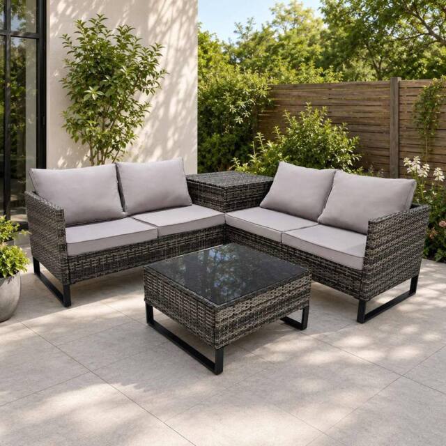Alivio 4-Piece Rattan Patio Furniture Set with Corner Sofa, Cushioned Seating & Glass Coffee Table in Grey - Size: 130 cm x 60 cm - image 1