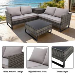 Alivio 4-Piece Rattan Patio Furniture Set with Corner Sofa, Cushioned Seating & Glass Coffee Table in Grey - Size: 130 cm x 60 cm - thumbnail 4