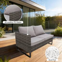 Alivio 4-Piece Rattan Patio Furniture Set with Corner Sofa, Cushioned Seating & Glass Coffee Table in Grey - Size: 130 cm x 60 cm - thumbnail 5
