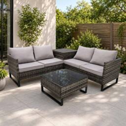 Alivio 4-Piece Rattan Patio Furniture Set with Corner Sofa, Cushioned Seating & Glass Coffee Table in Grey - Size: 130 cm x 60 cm