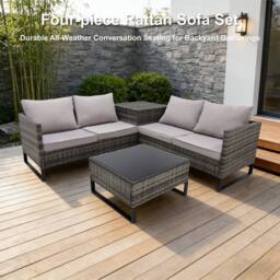 Alivio 4-Piece Rattan Patio Furniture Set with Corner Sofa, Cushioned Seating & Glass Coffee Table in Grey - Size: 130 cm x 60 cm - thumbnail 2