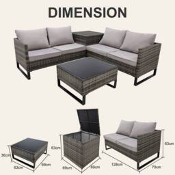 Alivio 4-Piece Rattan Patio Furniture Set with Corner Sofa, Cushioned Seating & Glass Coffee Table in Grey - Size: 130 cm x 60 cm - thumbnail 3