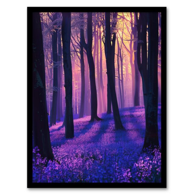 "Artery8 Realistic Purple Bluebell Forest Artwork Dawn Sun Framed Art Print - Size: W12"" x H16""" - image 1