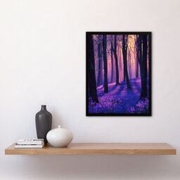 "Artery8 Realistic Purple Bluebell Forest Artwork Dawn Sun Framed Art Print - Size: W12"" x H16""" - thumbnail 4
