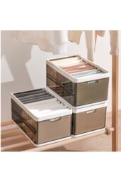 Living and Home Folding Clothes Organiser Wardrobe Drawer Storage Box with 9 Dividers & Lid in Brown - thumbnail 2