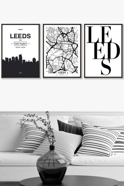 ARTZE LEEDS Skyline Street Map City Prints Framed Wall Art - Large in Black - Size: W53 cm x H73 cm x D20mm - image 1