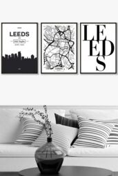 ARTZE LEEDS Skyline Street Map City Prints Framed Wall Art - Large in Black - Size: W53 cm x H73 cm x D20mm - thumbnail 1
