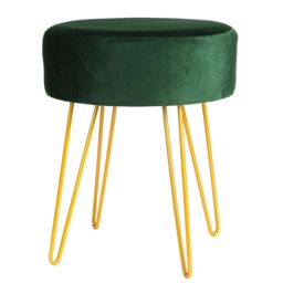 Harbour Housewares Round Velvet Footstool - H40 x D35cm - Gold Hairpin Legs in Green