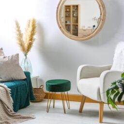 Harbour Housewares Round Velvet Footstool - H40 x D35cm - Gold Hairpin Legs in Green - thumbnail 2