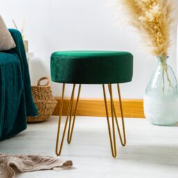 Harbour Housewares Round Velvet Footstool - H40 x D35cm - Gold Hairpin Legs in Green - thumbnail 7