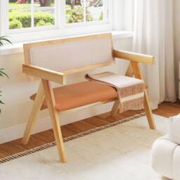VOGREX Natural Rubber Wood Dining Bench With Armrest in Brown - thumbnail 3