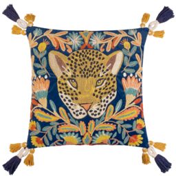 Wylder Tropics Regal Leopard Embroidered 100% Cotton Velvet Cushion in Blue - Size: 50 cm x 50 cm - thumbnail 1