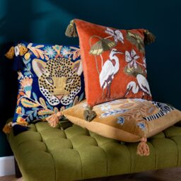 Wylder Tropics Regal Leopard Embroidered 100% Cotton Velvet Cushion in Blue - Size: 50 cm x 50 cm - thumbnail 7