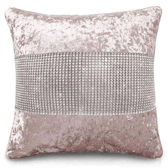 Intimates Diamante Detail Crushed Velvet Cushion in Shimmering Colours in Dusty Pink - Size: 43 cm x 43 cm