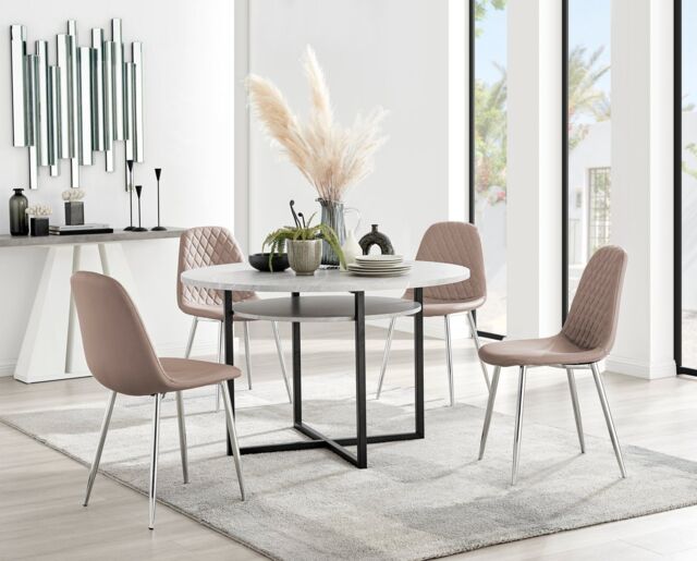 FurnitureboxUK Adley Grey Concrete Effect Round Dining Table & 4 Corona Silver Chairs in Beige - image 1