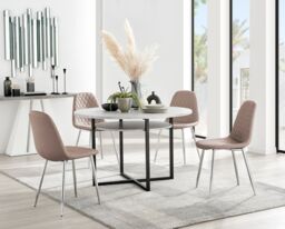 FurnitureboxUK Adley Grey Concrete Effect Round Dining Table & 4 Corona Silver Chairs in Beige - thumbnail 1