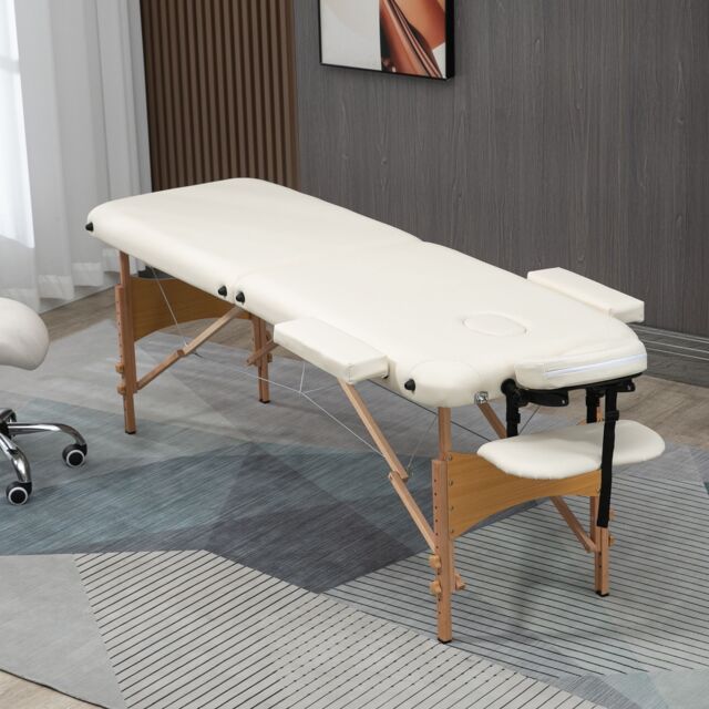 HOMCOM Wooden Folding Spa Beauty Massage Table w/ 2 Sections, Carry Bag in Cream - Size: Single - image 1