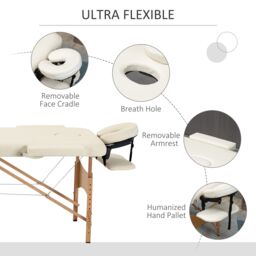 HOMCOM Wooden Folding Spa Beauty Massage Table w/ 2 Sections, Carry Bag in Cream - Size: Single - thumbnail 5