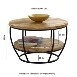 Indian Hub Surrey Coffee Table with Shelf - Solid Mango Wood/Metal L60xW60xH35cm in Brown - thumbnail 7
