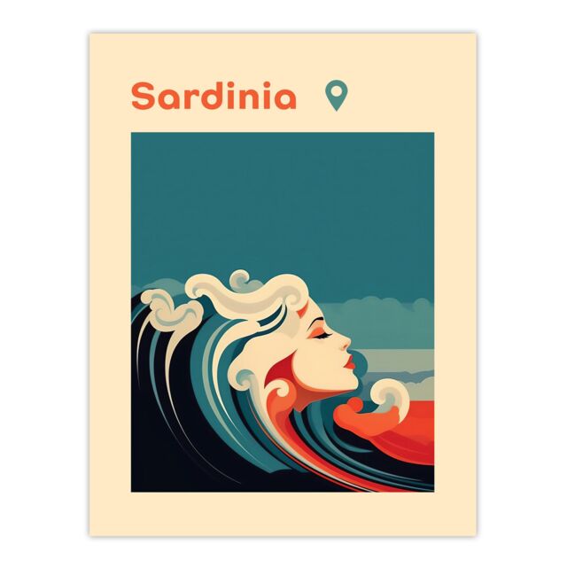 "Artery8 Wall Art Print The Seaside Calls Sardinia Beach Italy Modern Woman of the Waves Sea Siren Ocean Poster in Blue - Size: W24"" x H32""" - image 1