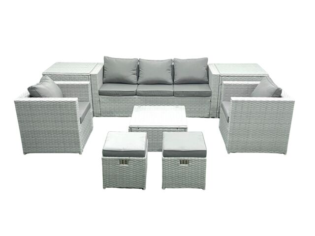 Fimous 7 Seater Rattan Garden Furniture Set with 3 Seater Sofa 2 Chair Square Coffee Table 2 Small Footstools 2 Side Tables Light Grey Mixed - image 1