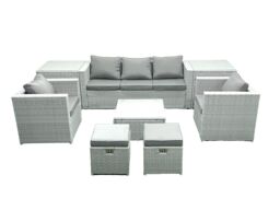 Fimous 7 Seater Rattan Garden Furniture Set with 3 Seater Sofa 2 Chair Square Coffee Table 2 Small Footstools 2 Side Tables Light Grey Mixed - thumbnail 2