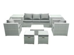 Fimous 7 Seater Rattan Garden Furniture Set with 3 Seater Sofa 2 Chair Square Coffee Table 2 Small Footstools 2 Side Tables Light Grey Mixed